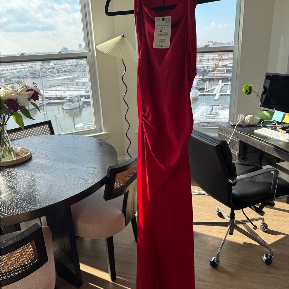 NWT ZARA Satin Effect Midi Dress Bright Red 8372/090 - Picture 2 of 7